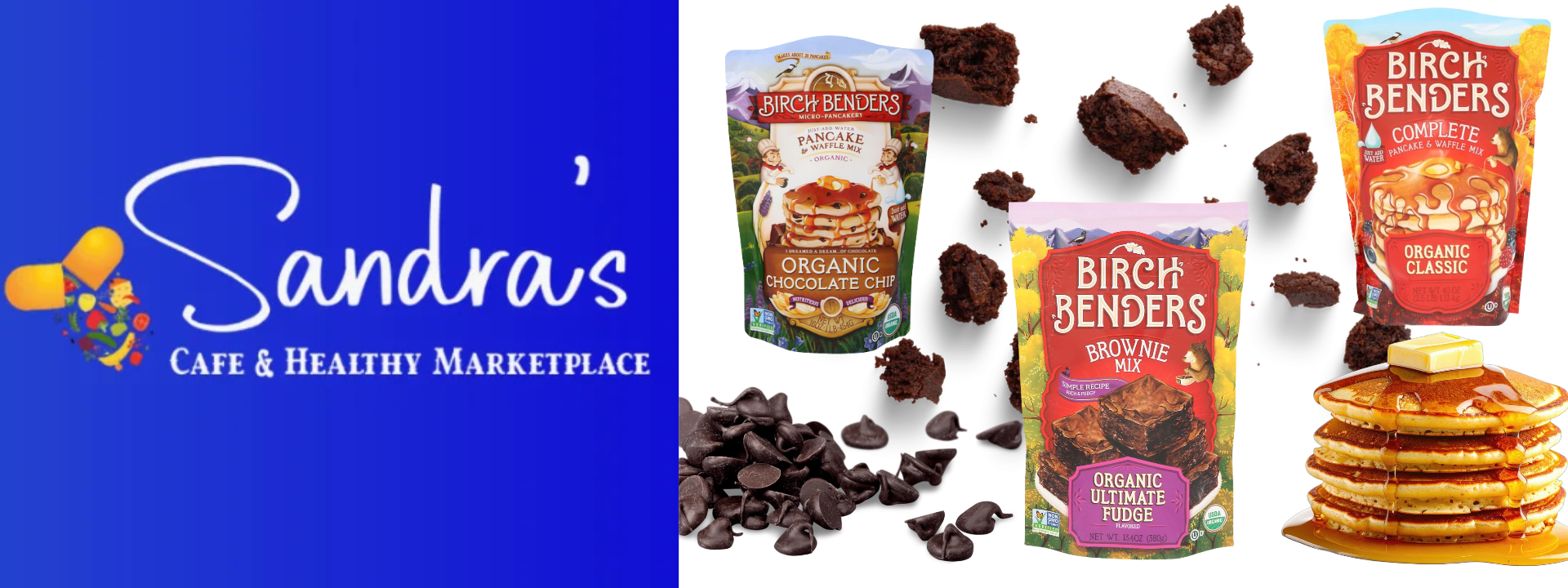 Bake organic brownies, whip up some Classic or Chocolate Chip Pancakes with Birch Benders, All Organic and found at Sandra's