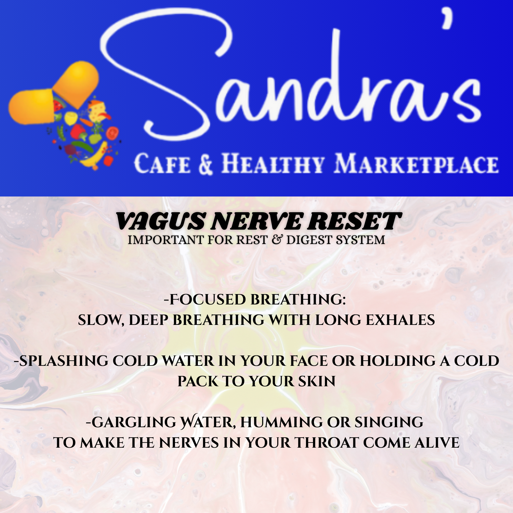 For A Vagus Nerve Reset Try---Focused breathing: slow, deep breathing with long exhales, splashing cold water in your face or holding a cold pack to your skin, gargling Water, humming or singing to make the nerves in your throat come alive